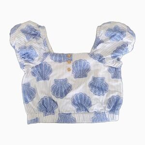 Happily Grey Kids‎ White & Blue Seashell Coastal Nautical Top Girls Size S